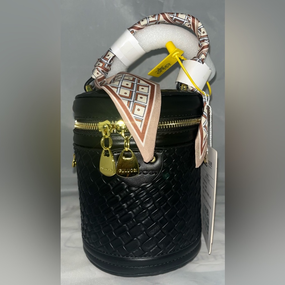 Quilted Cylinder Top-Handle Vanity Bag – Gold Hardware & Scarf Detail